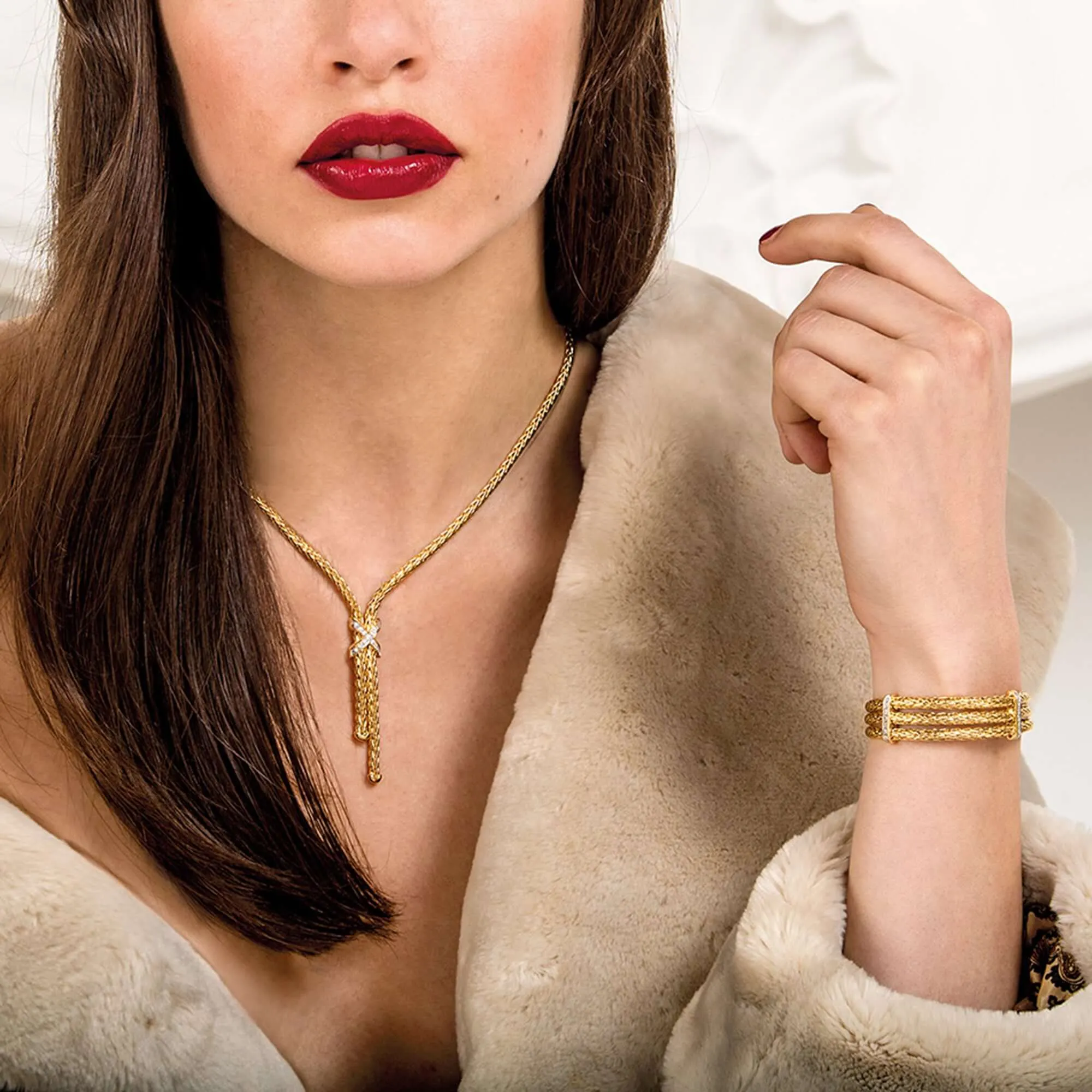 14K Gold & Diamond Woven Chain X Necklace