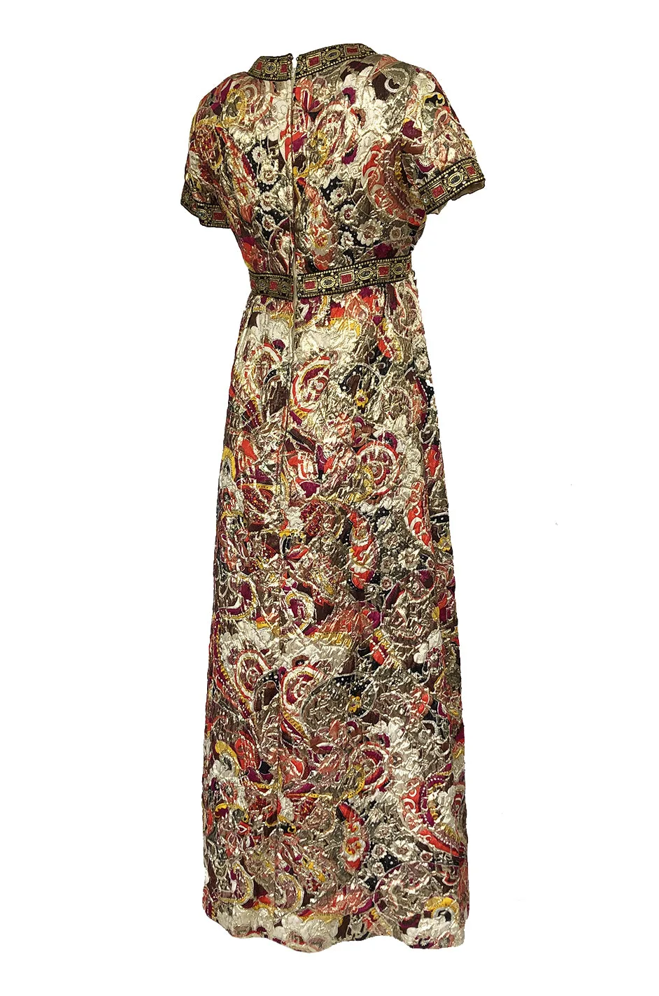 1960s Unlabeled Quilted Metallic Dress w a Metallic 'Jewel' Banding Detail