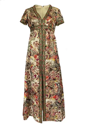 1960s Unlabeled Quilted Metallic Dress w a Metallic 'Jewel' Banding Detail