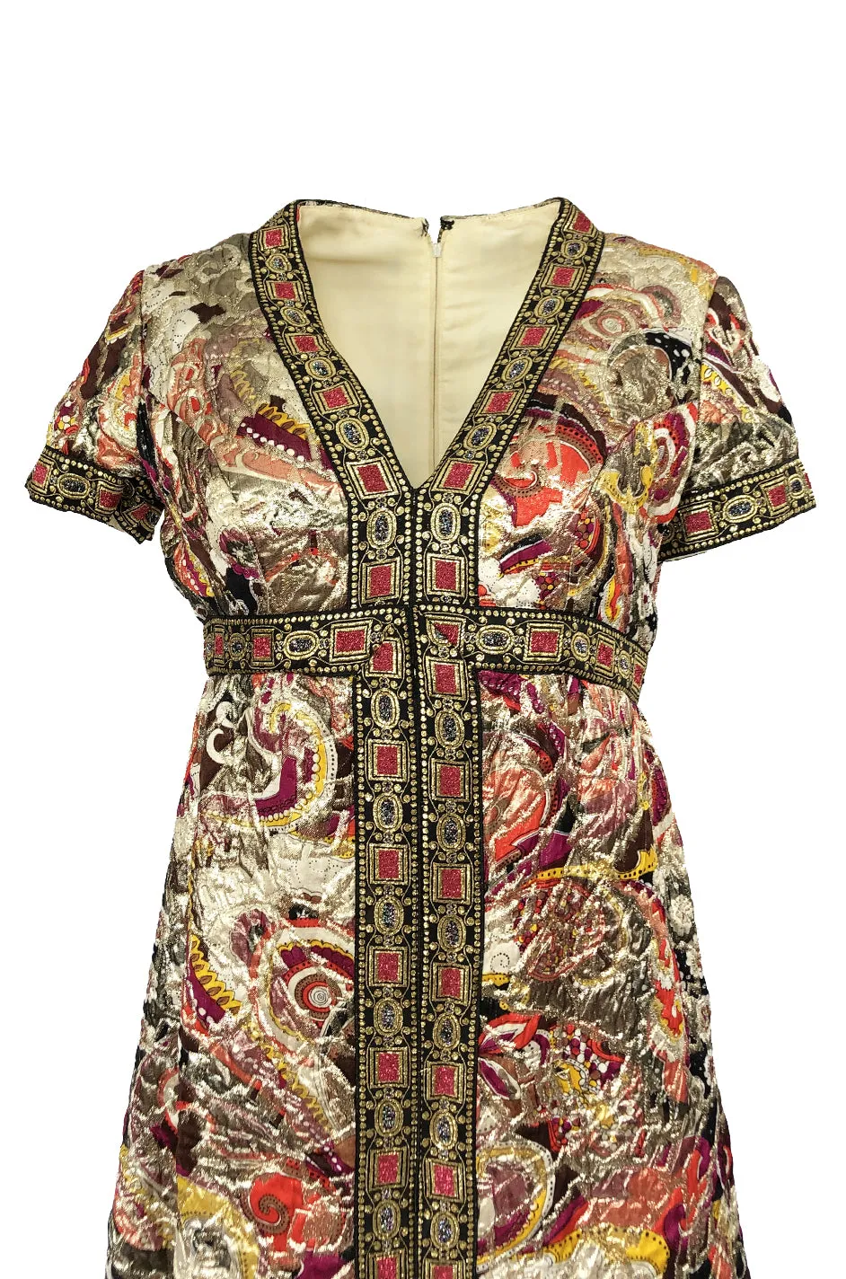 1960s Unlabeled Quilted Metallic Dress w a Metallic 'Jewel' Banding Detail