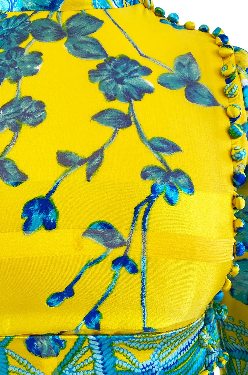 1972 Oscar de la Renta Vogue Documeted Yellow & Blue Silk Kimono Inspired Dress