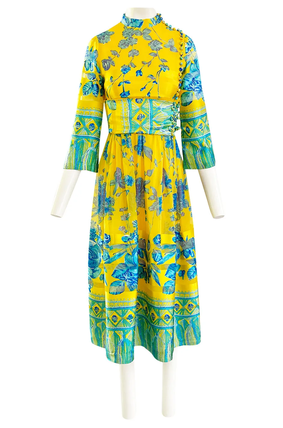 1972 Oscar de la Renta Vogue Documeted Yellow & Blue Silk Kimono Inspired Dress