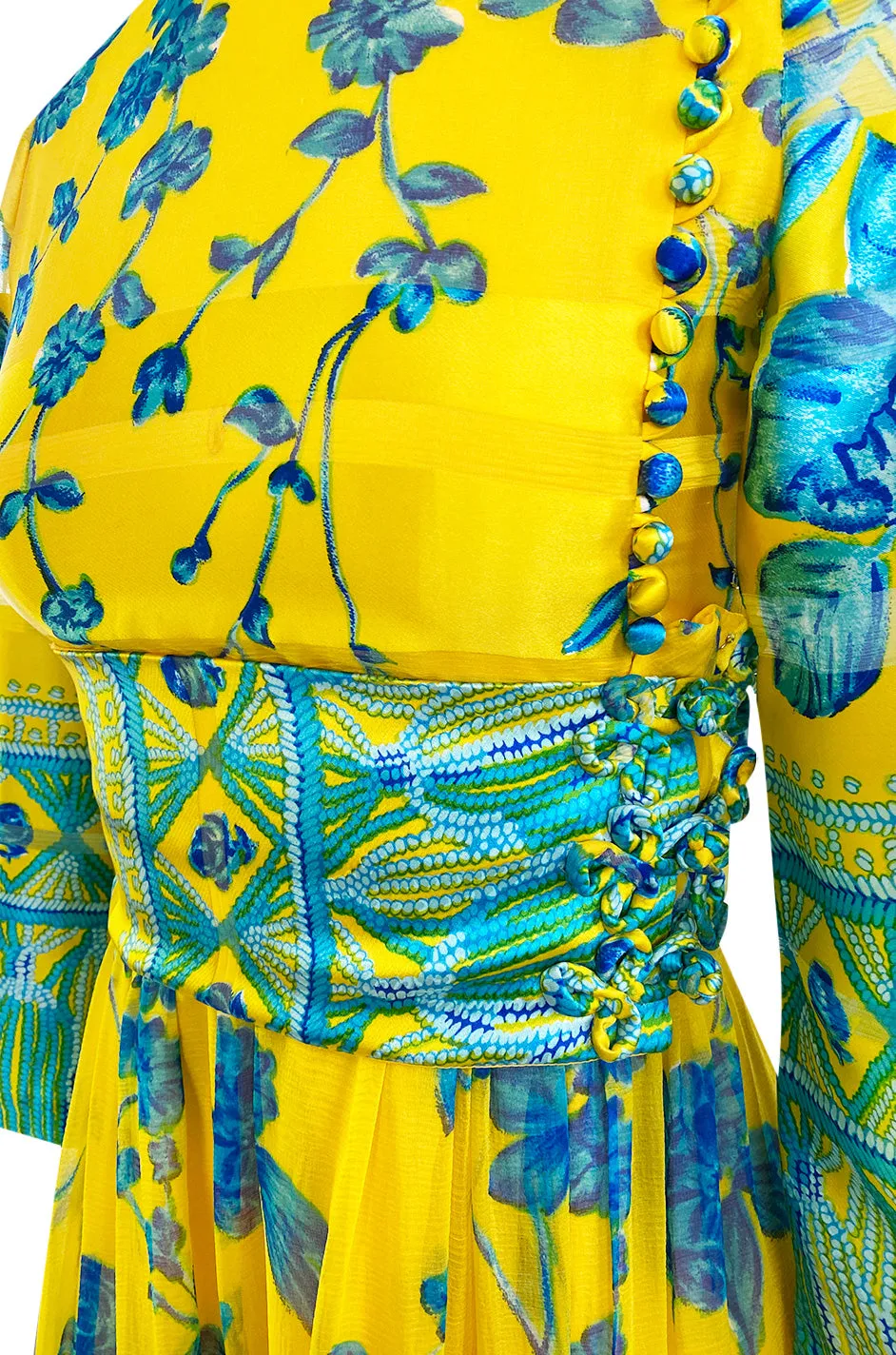1972 Oscar de la Renta Vogue Documeted Yellow & Blue Silk Kimono Inspired Dress