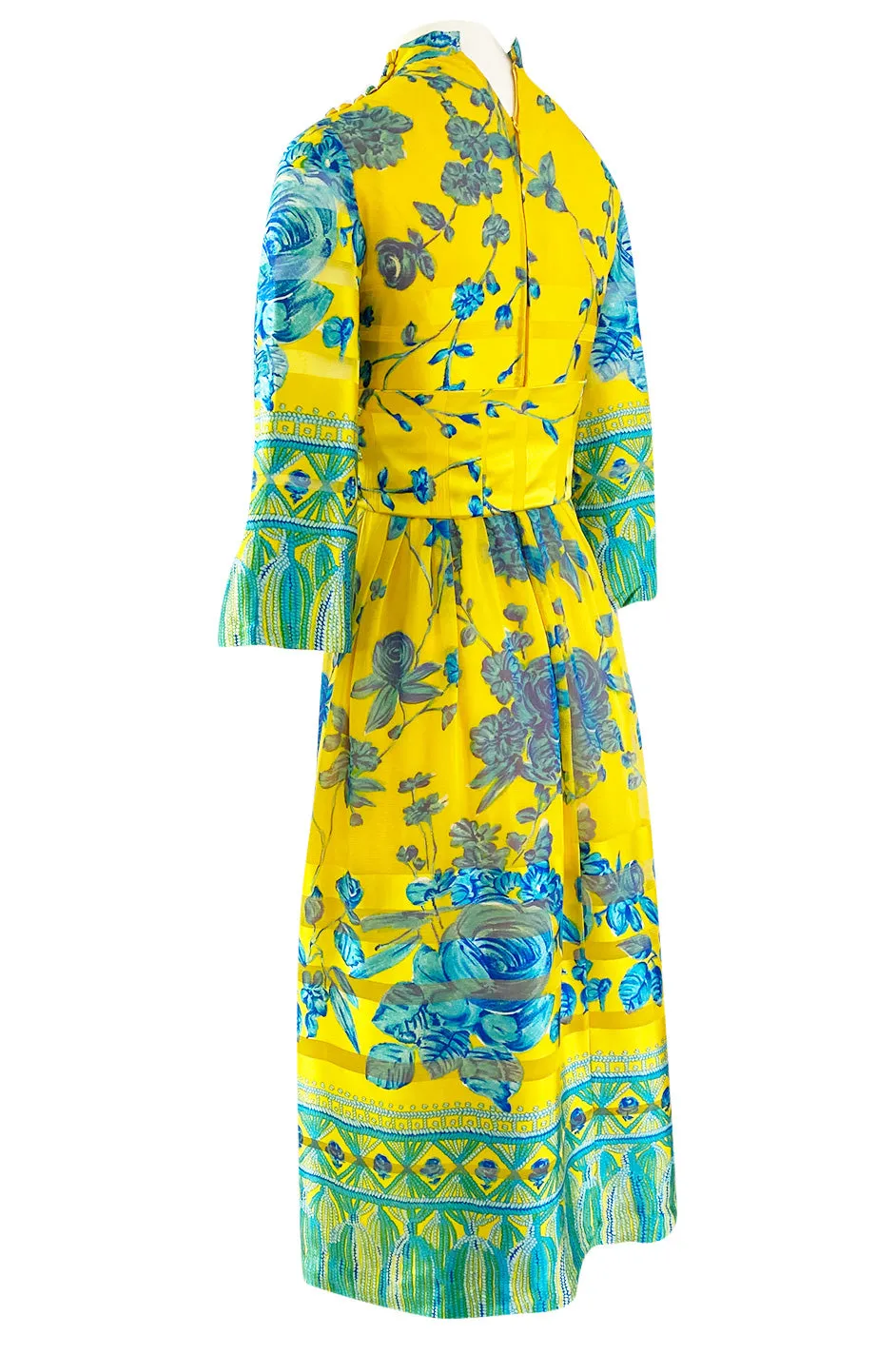 1972 Oscar de la Renta Vogue Documeted Yellow & Blue Silk Kimono Inspired Dress