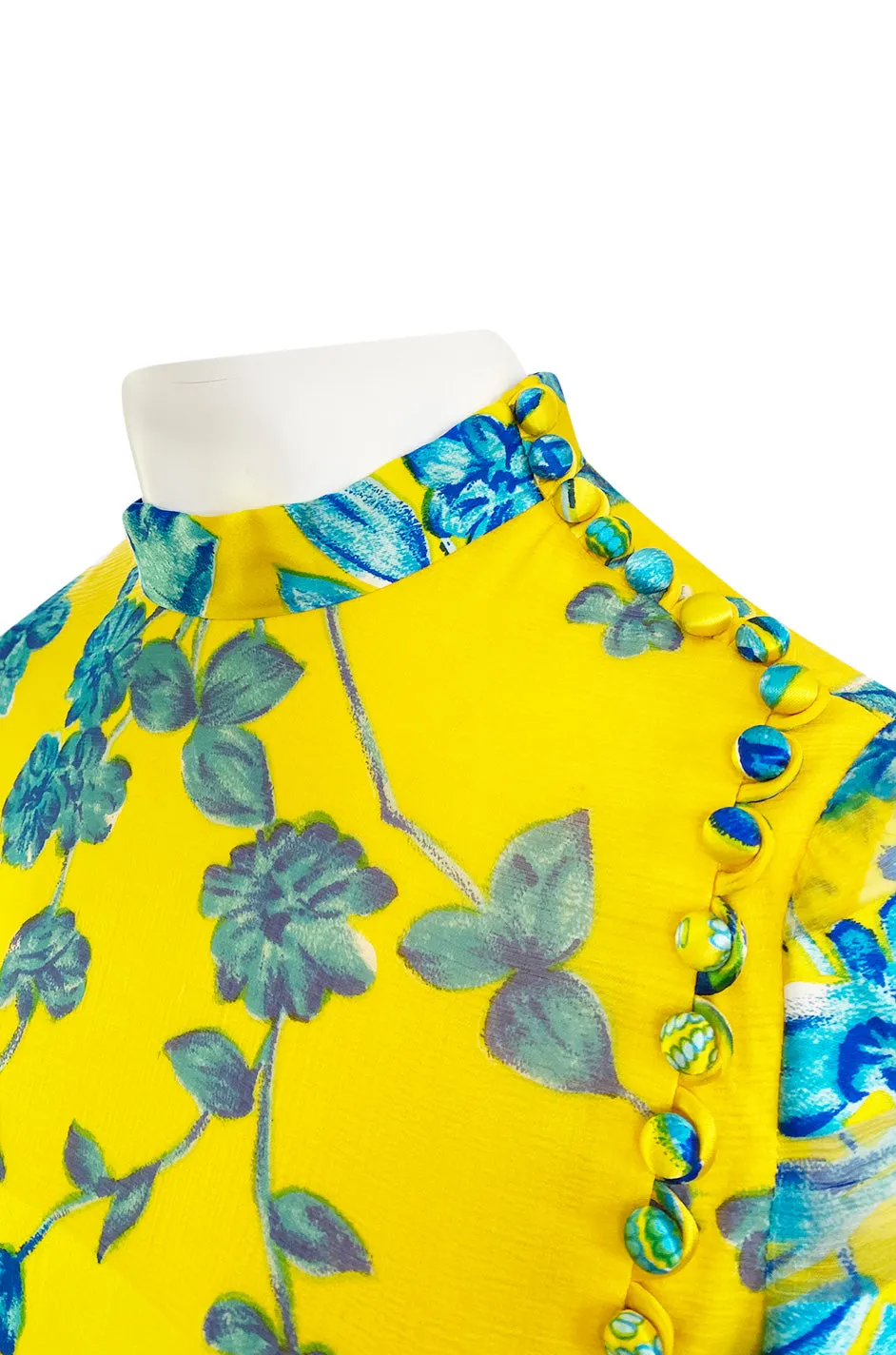 1972 Oscar de la Renta Vogue Documeted Yellow & Blue Silk Kimono Inspired Dress