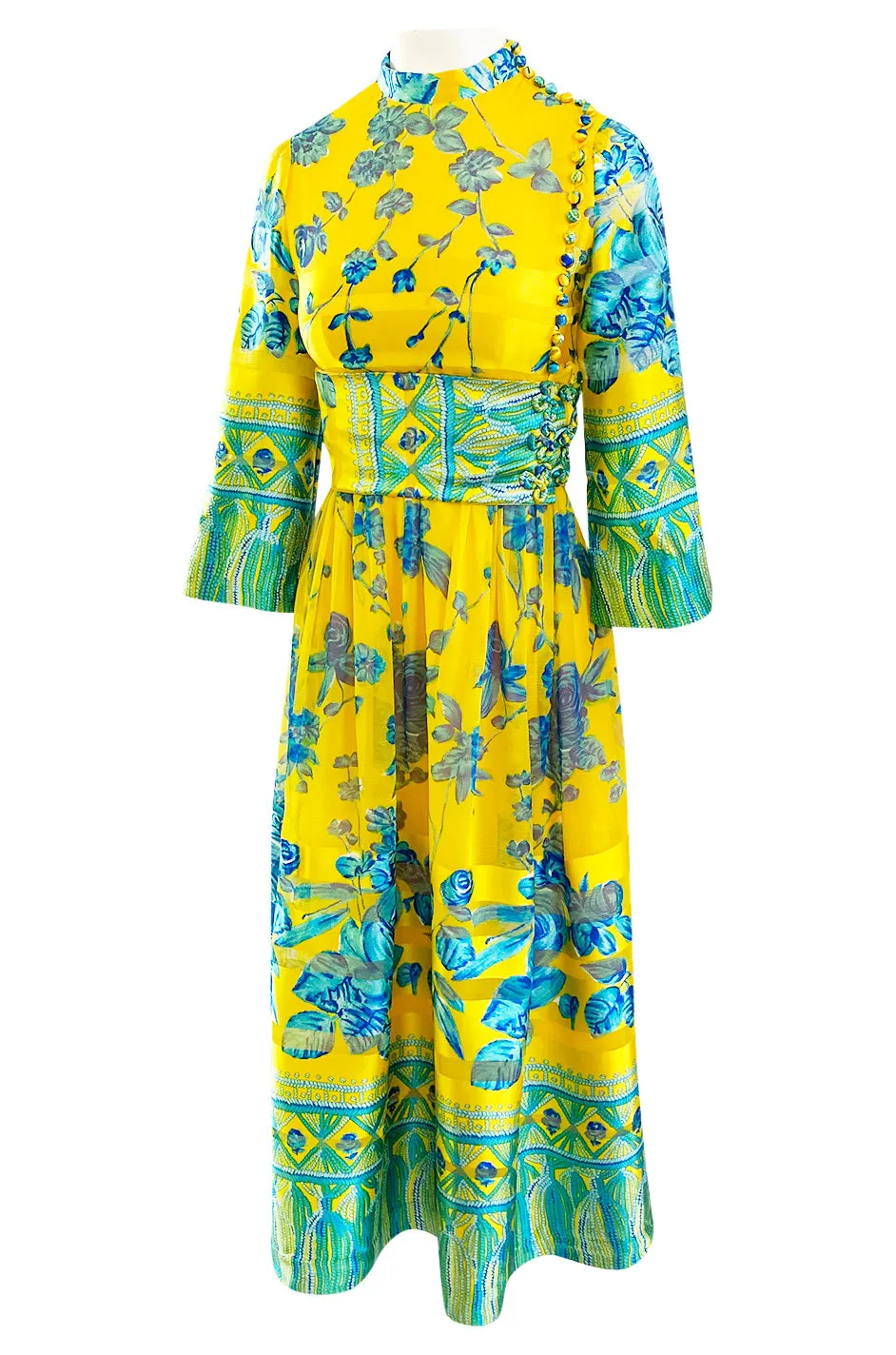 1972 Oscar de la Renta Vogue Documeted Yellow & Blue Silk Kimono Inspired Dress