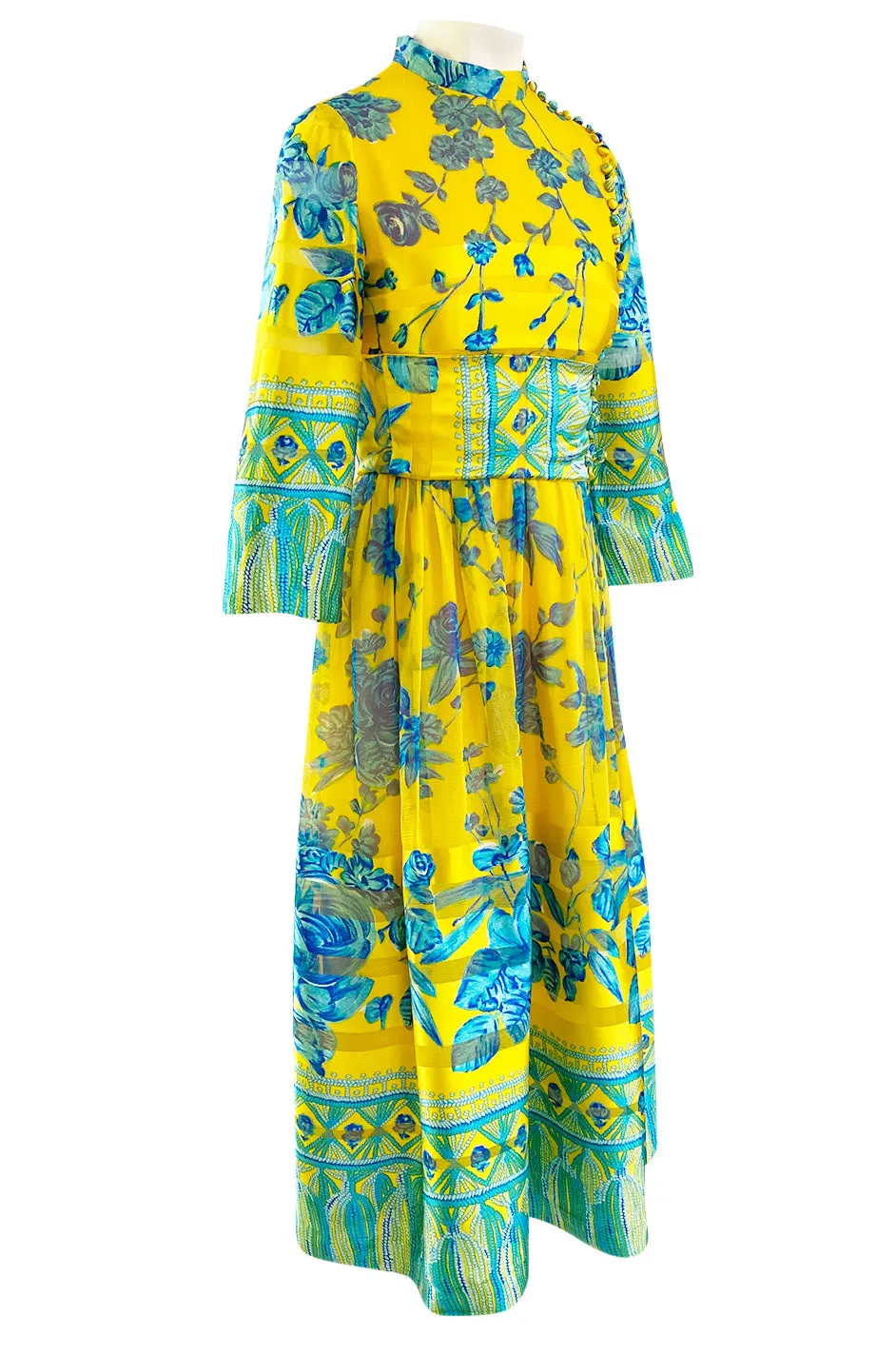 1972 Oscar de la Renta Vogue Documeted Yellow & Blue Silk Kimono Inspired Dress