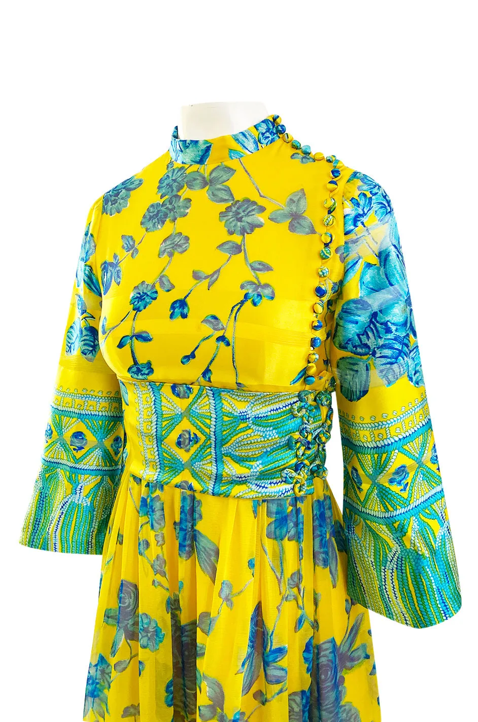 1972 Oscar de la Renta Vogue Documeted Yellow & Blue Silk Kimono Inspired Dress