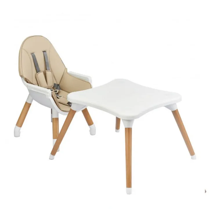 4-In-1 Sand Coloured Wooden and White Plastic High Chair
