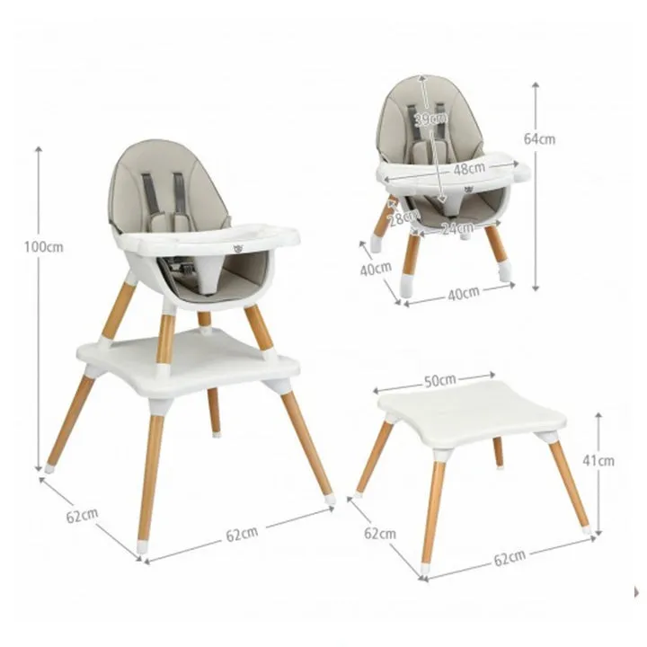 4-In-1 Sand Coloured Wooden and White Plastic High Chair