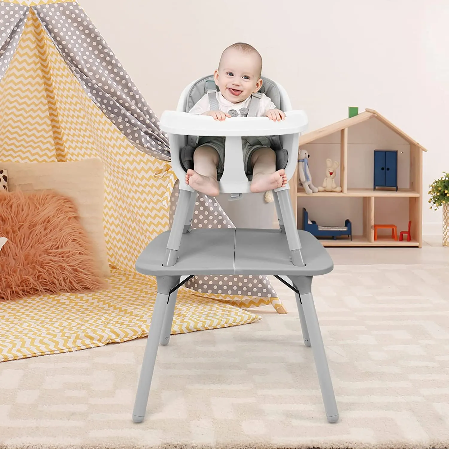 5-In-1 Convertible Grey Plastic Baby High Chair | Low Chair | Table & Chair Set