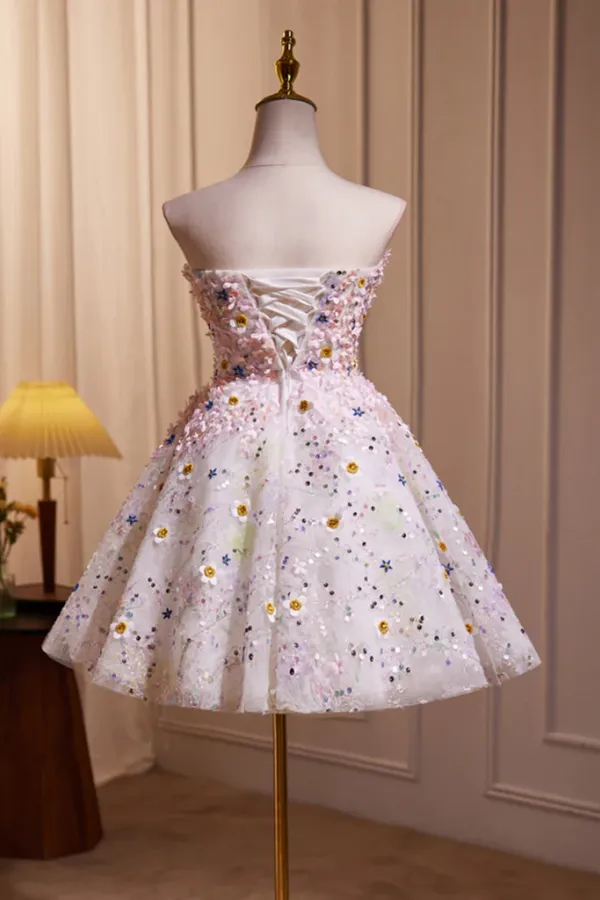 A Line Sweetheart Neck Tulle Flower Light Pink Short Prom Dress, Light Pink Cocktail Dress APH0256