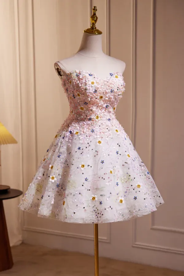 A Line Sweetheart Neck Tulle Flower Light Pink Short Prom Dress, Light Pink Cocktail Dress APH0256