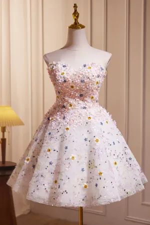 A Line Sweetheart Neck Tulle Flower Light Pink Short Prom Dress, Light Pink Cocktail Dress APH0256