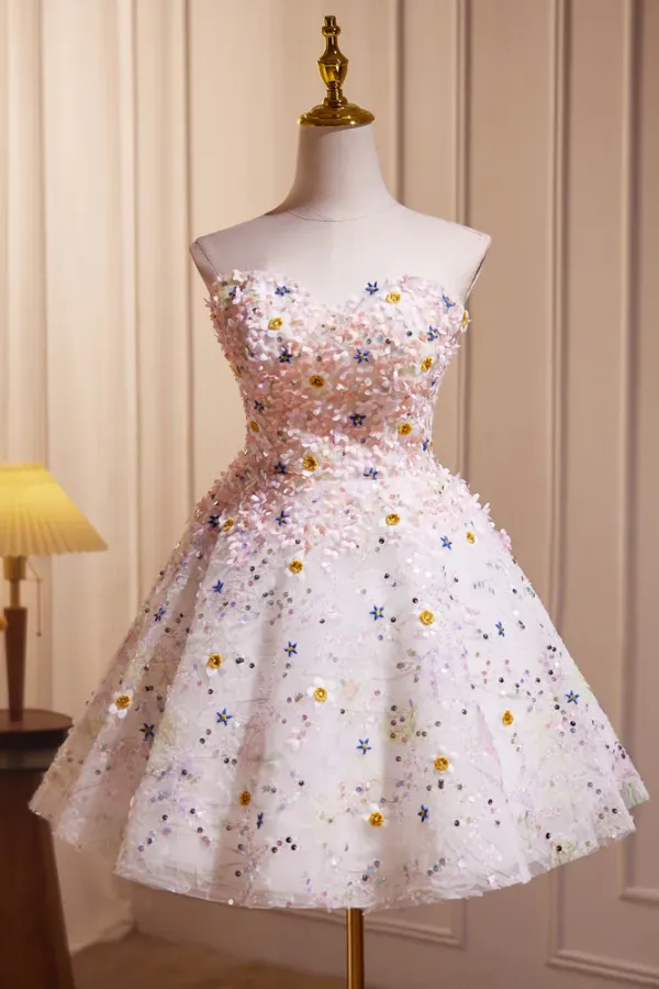 A Line Sweetheart Neck Tulle Flower Light Pink Short Prom Dress, Light Pink Cocktail Dress APH0256
