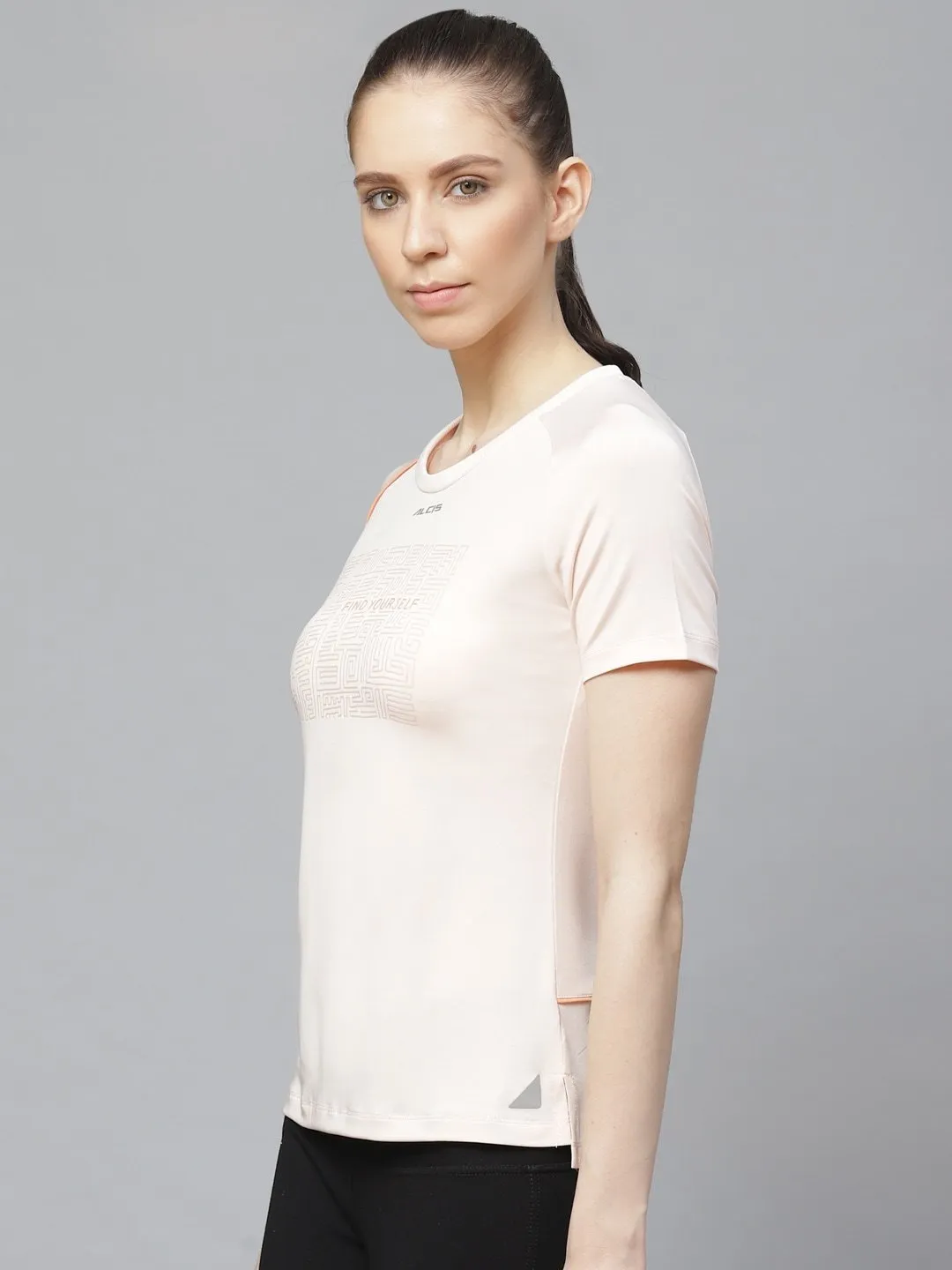Alcis Women Peach-Coloured Slim Fit Printed Anti-Viral Training T-shirt