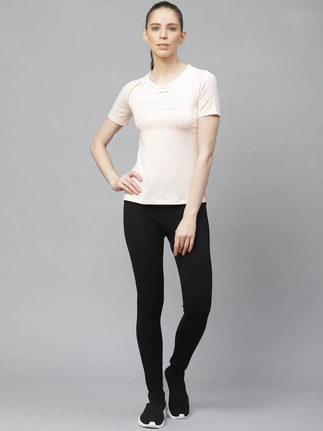 Alcis Women Peach-Coloured Slim Fit Printed Anti-Viral Training T-shirt