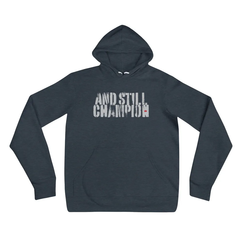 And Still Champion stencil-like light lettering men's pull-over hoodie