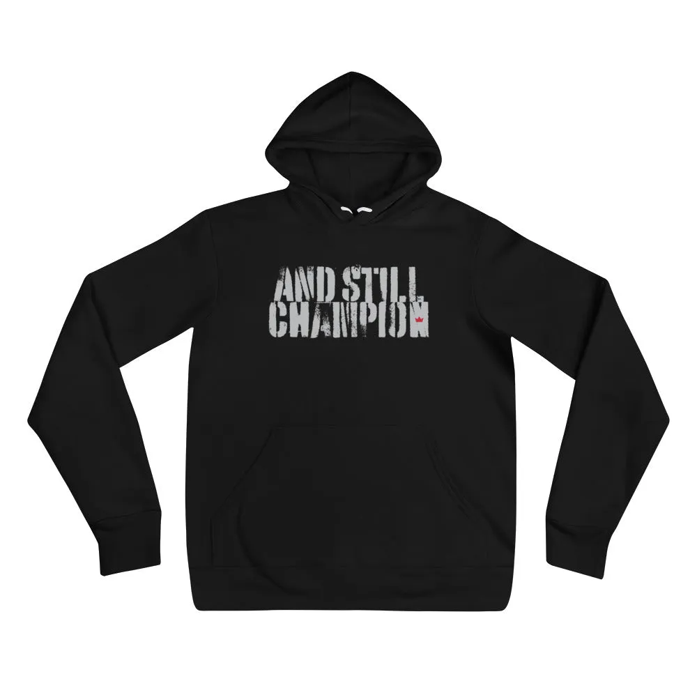 And Still Champion stencil-like light lettering men's pull-over hoodie