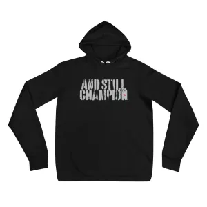 And Still Champion stencil-like light lettering men's pull-over hoodie