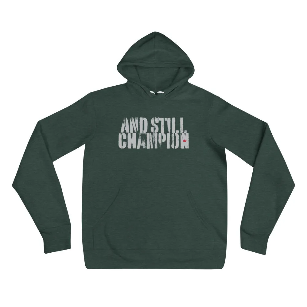 And Still Champion stencil-like light lettering men's pull-over hoodie