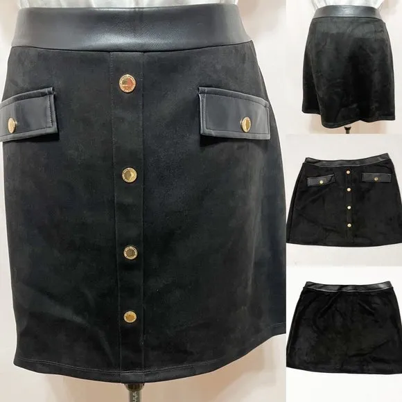 Andrew Marc NWT Sz XL Black  Faux Leather/Suede A-Line Pull On Skirt