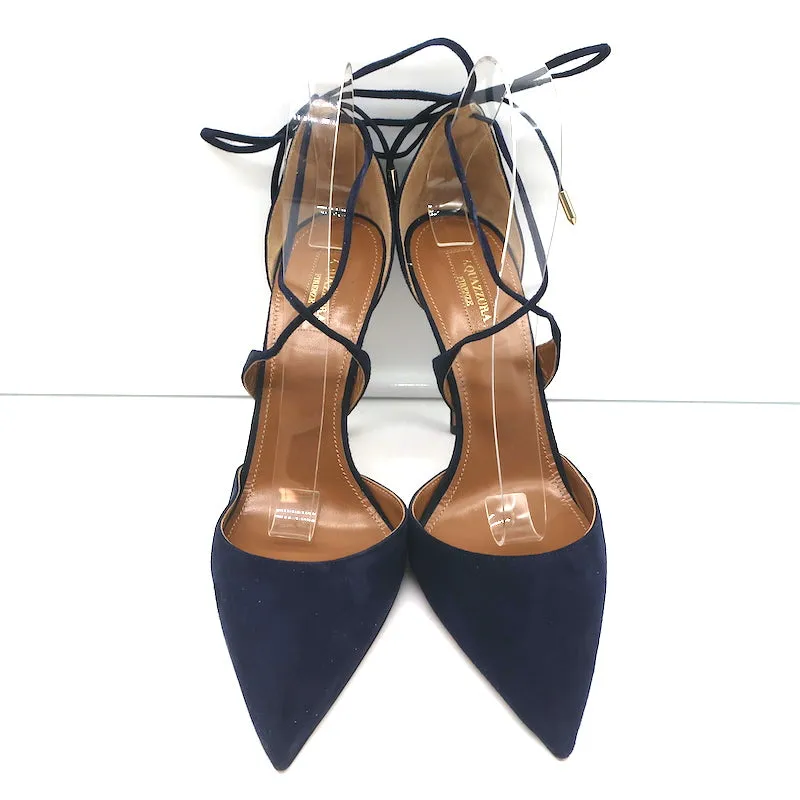Aquazzura Matilde Crisscross Pumps Navy Suede Size 41 Pointed Toe Heels NEW