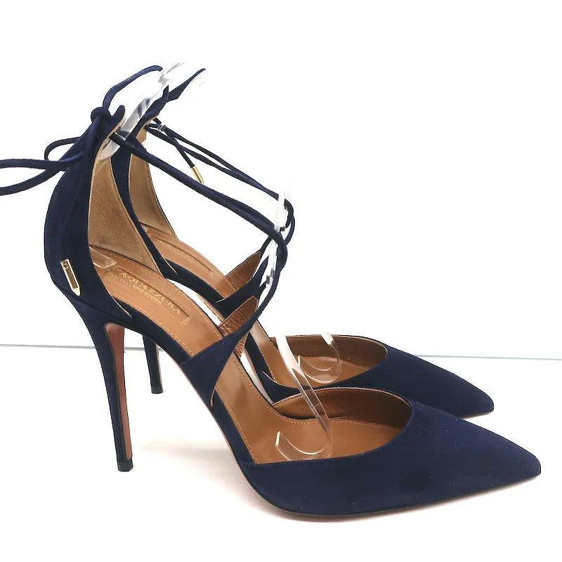 Aquazzura Matilde Crisscross Pumps Navy Suede Size 41 Pointed Toe Heels NEW