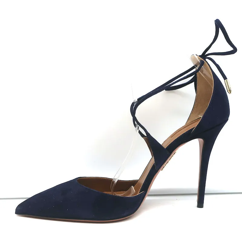 Aquazzura Matilde Crisscross Pumps Navy Suede Size 41 Pointed Toe Heels NEW