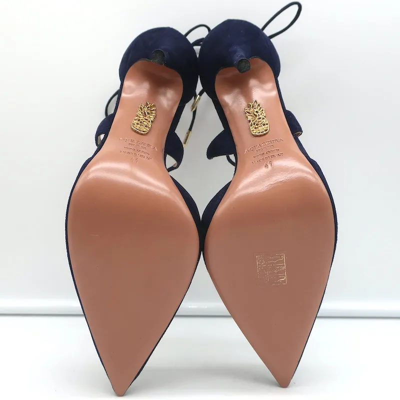 Aquazzura Matilde Crisscross Pumps Navy Suede Size 41 Pointed Toe Heels NEW
