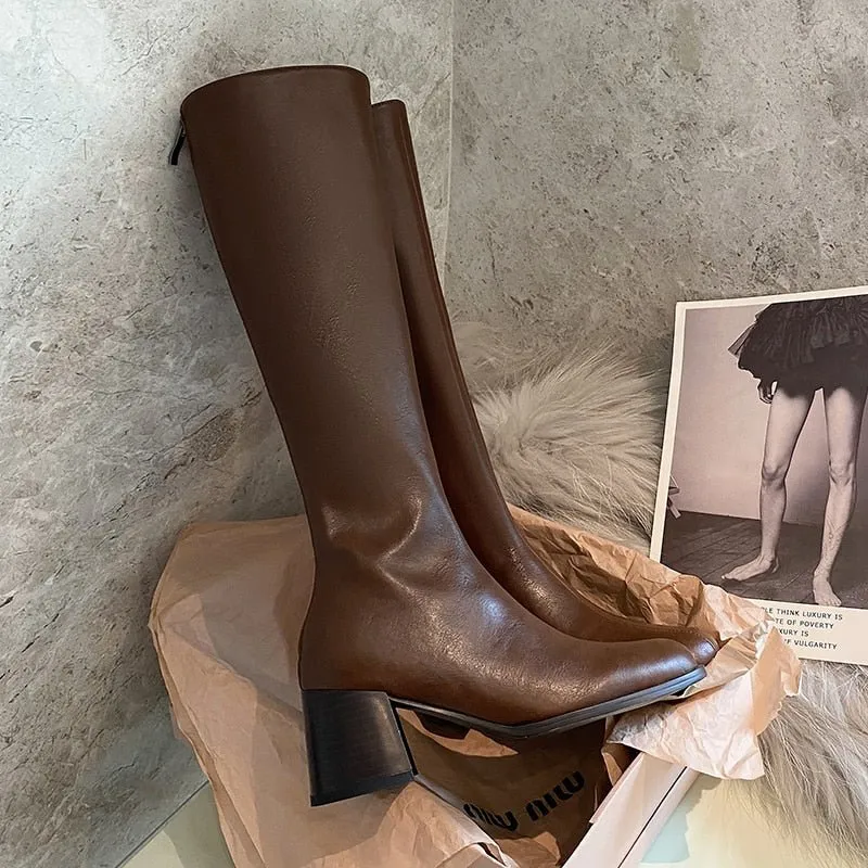 Autumn and winter Women knee-high Back zip chunky heel knight boots