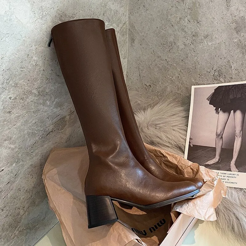 Autumn and winter Women knee-high Back zip chunky heel knight boots