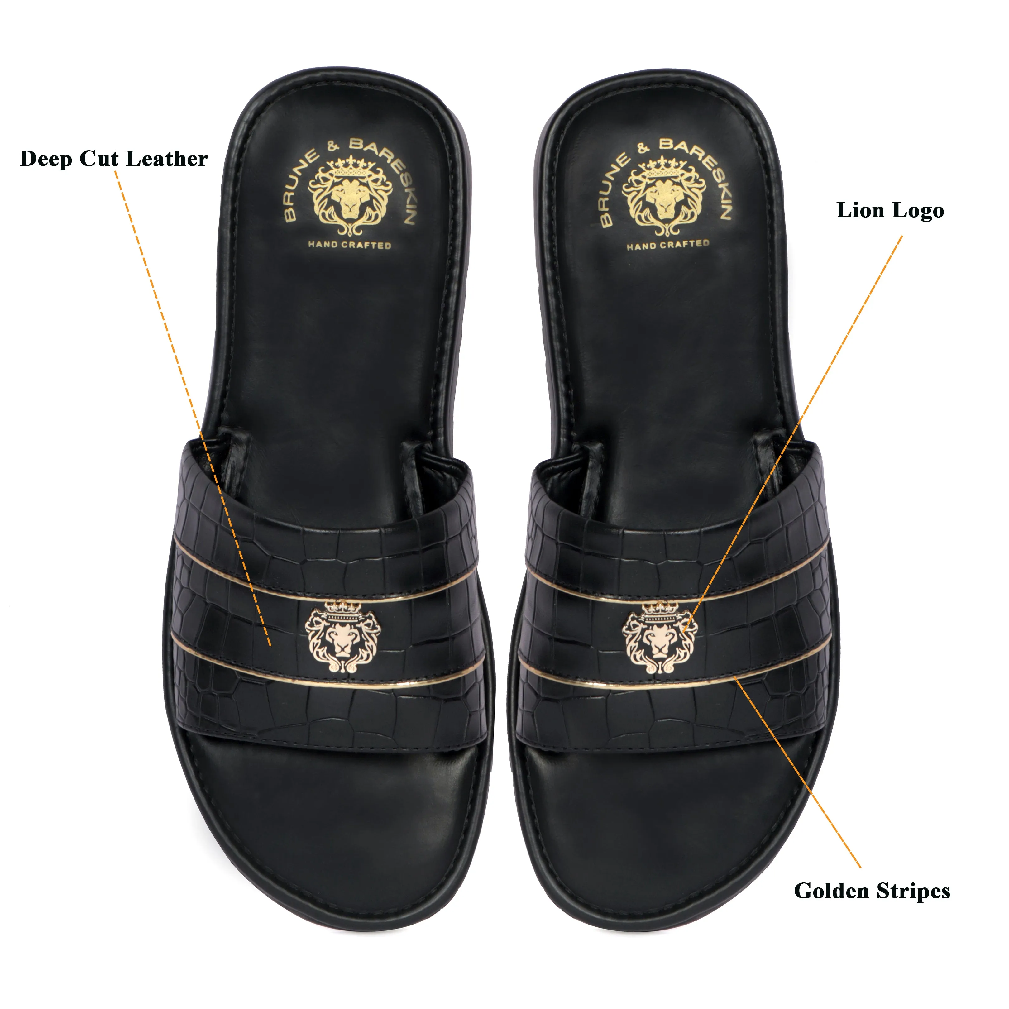 Black Deep Cut Croco Leather With Signature Metal Lion Slide-In-Slippers by BRUNE BY BARESKIN