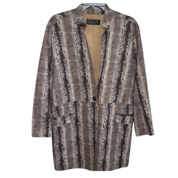 BLANK NYC Anthropologie Snake Charmer Faux Suede Snake Print Coat Sz LG MobWife