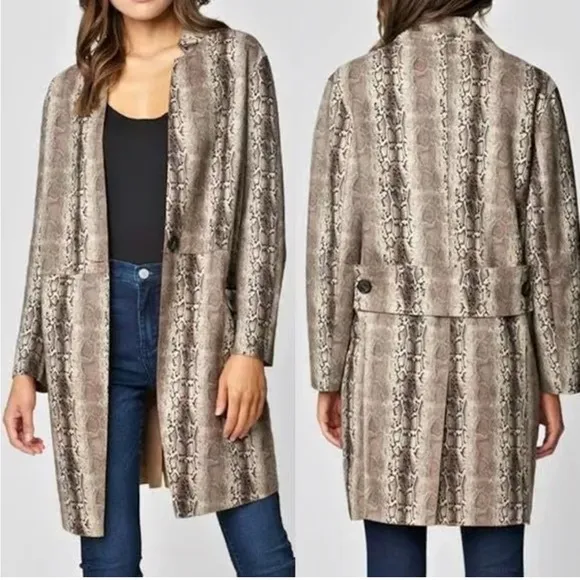 BLANK NYC Anthropologie Snake Charmer Faux Suede Snake Print Coat Sz LG MobWife