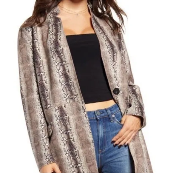 BLANK NYC Anthropologie Snake Charmer Faux Suede Snake Print Coat Sz LG MobWife