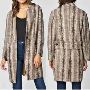 BLANK NYC Anthropologie Snake Charmer Faux Suede Snake Print Coat Sz LG MobWife