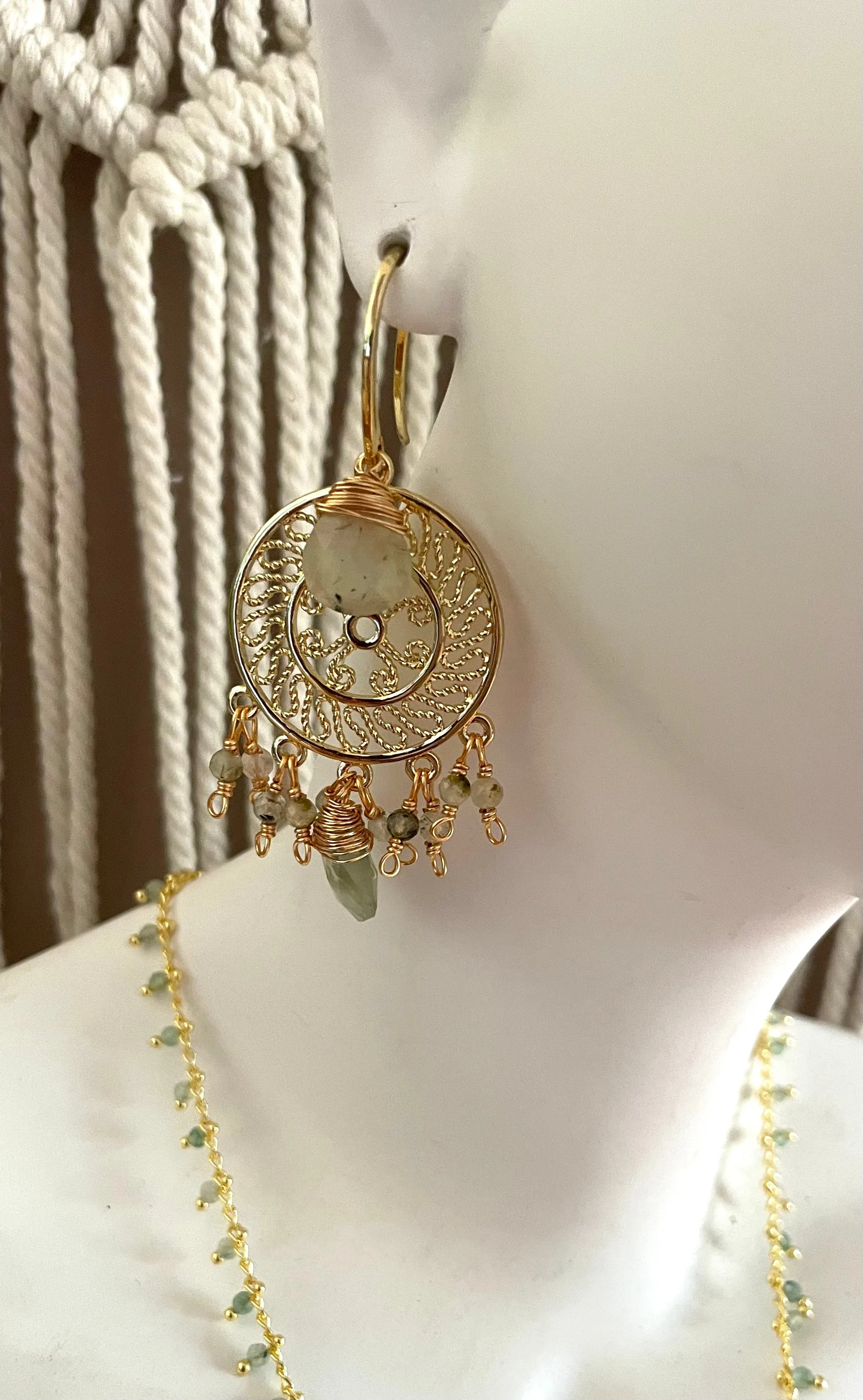 Boho & Mala Green Natural Stone Dreamcatcher Gold Plated Drop Earrings