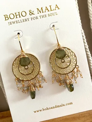 Boho & Mala Grey Natural Stone Dreamcatcher Gold Plated Drop Earrings