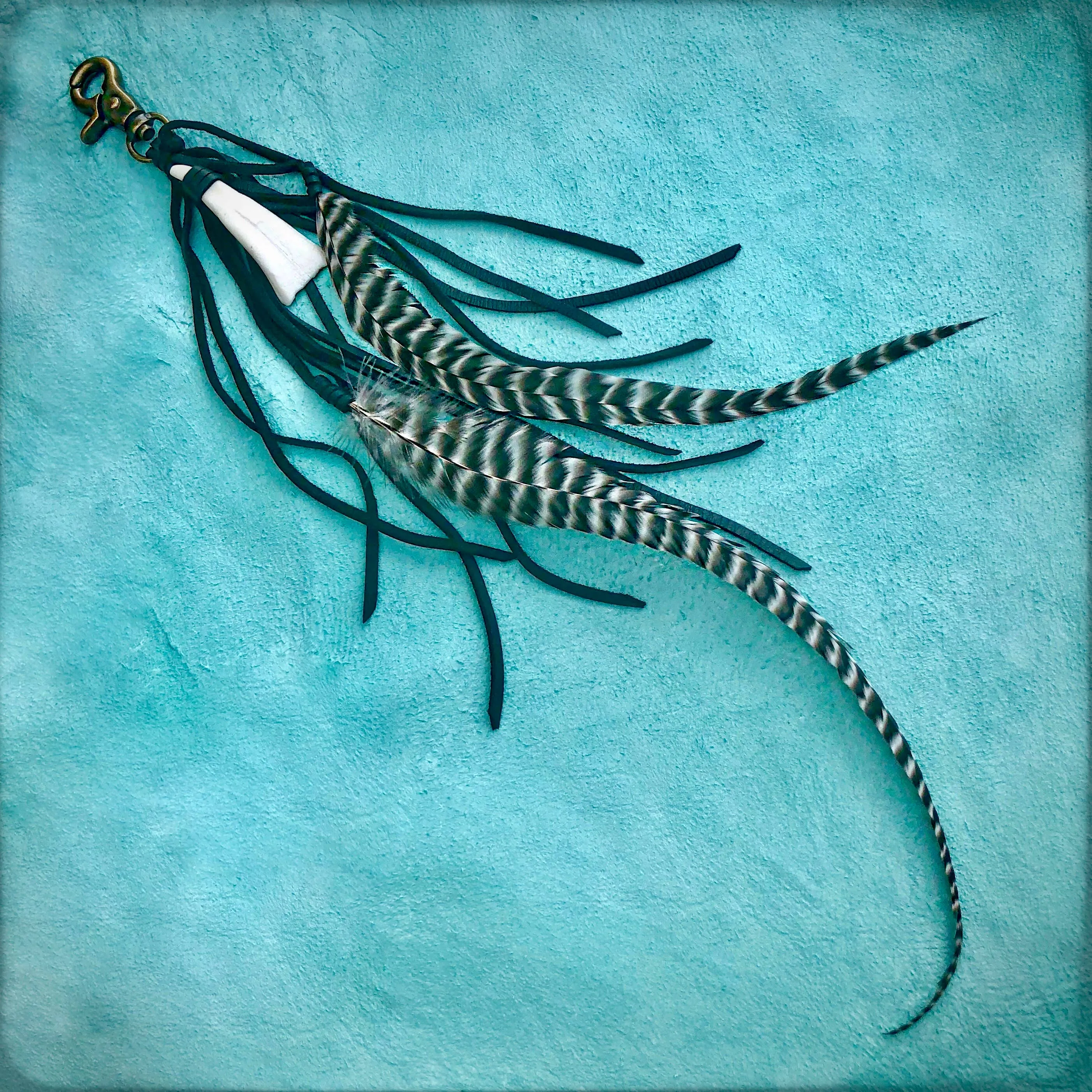 Clip, Feather & Black Deerskin Leather with Buffalo Tooth, SALE!