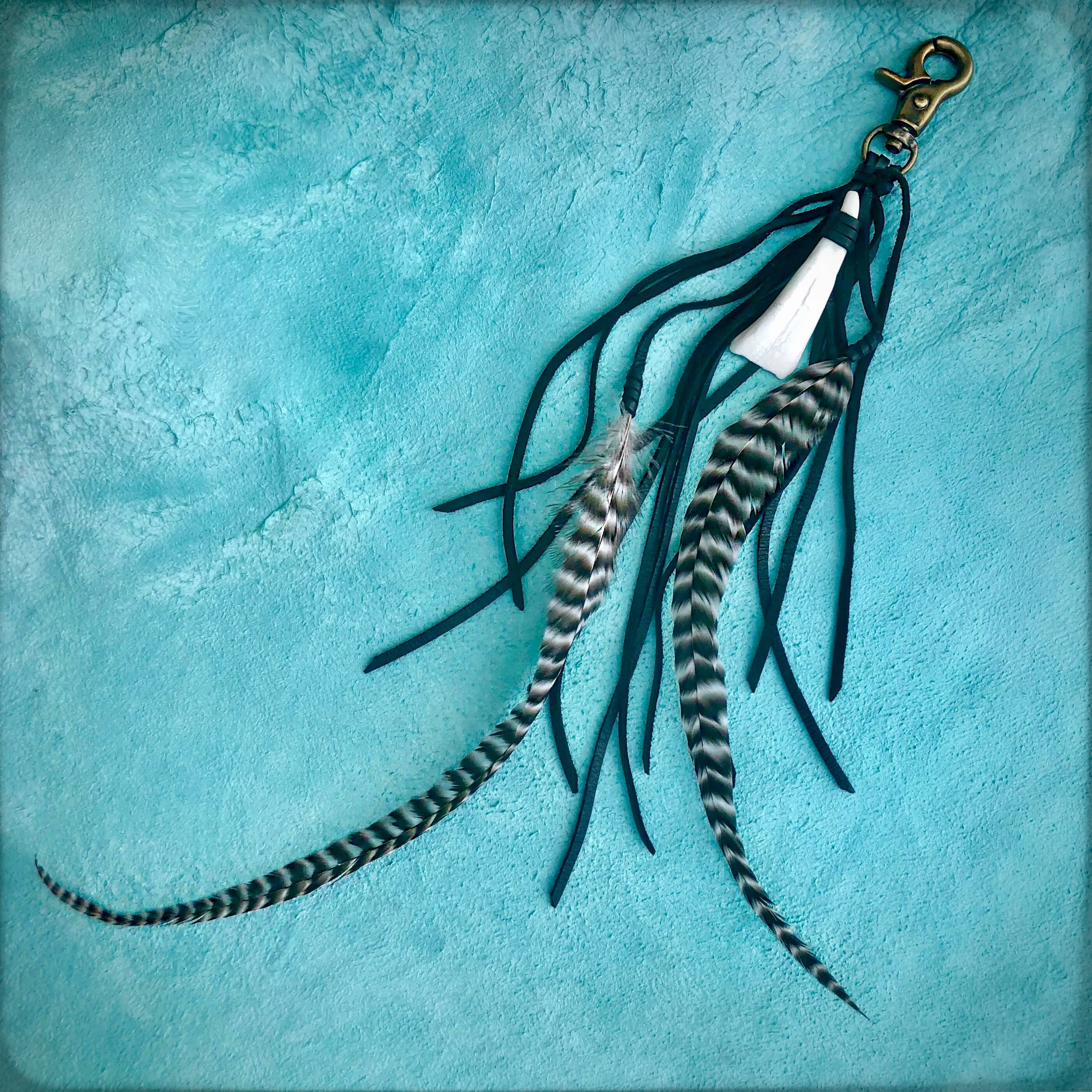 Clip, Feather & Black Deerskin Leather with Buffalo Tooth, SALE!