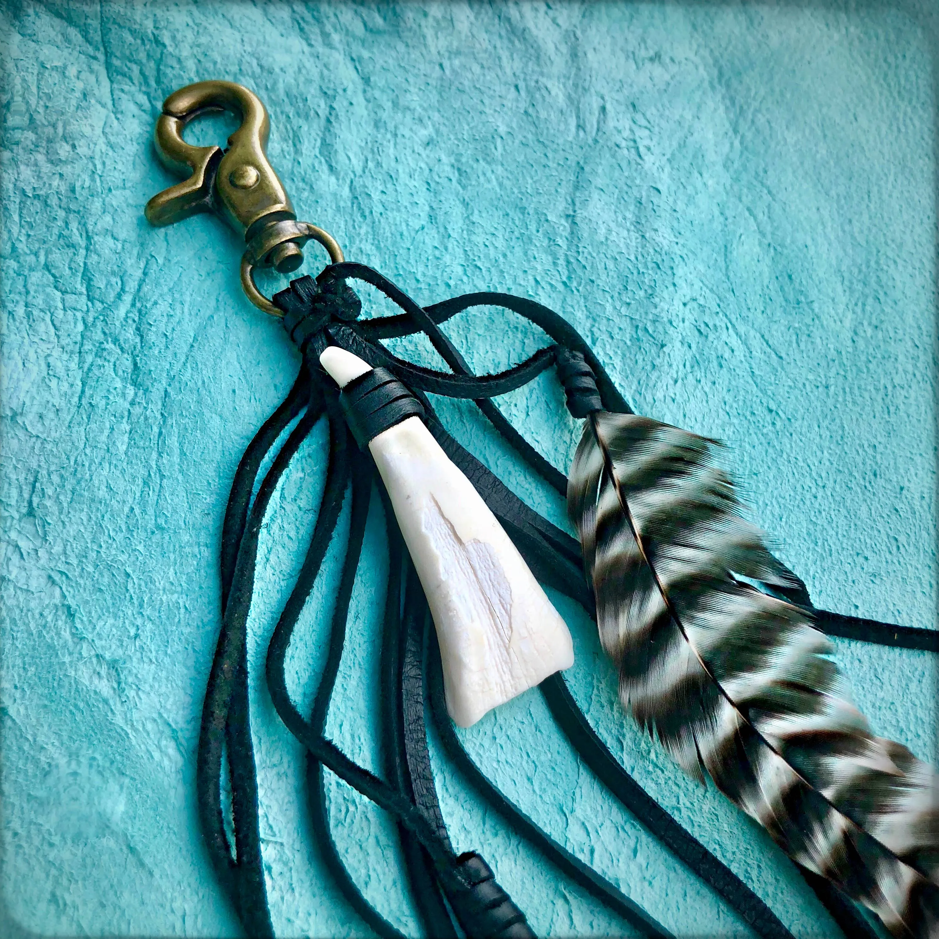 Clip, Feather & Black Deerskin Leather with Buffalo Tooth, SALE!