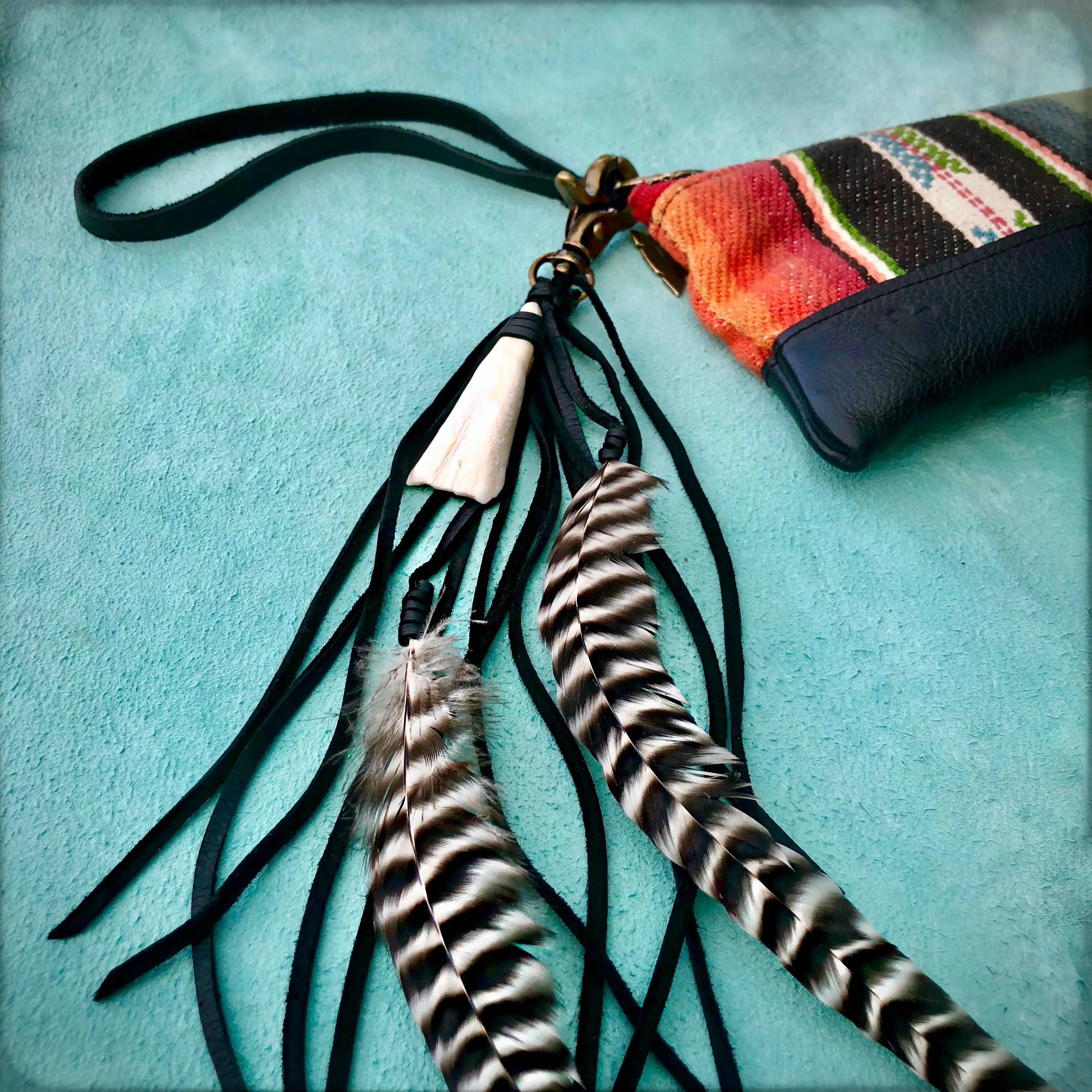 Clip, Feather & Black Deerskin Leather with Buffalo Tooth, SALE!