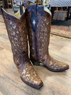 CORRAL WOMEN'S BROWN FLORAL CUTOUT CRACKLE UNDERLAY COWGIRL BOOTS - SNIP TO