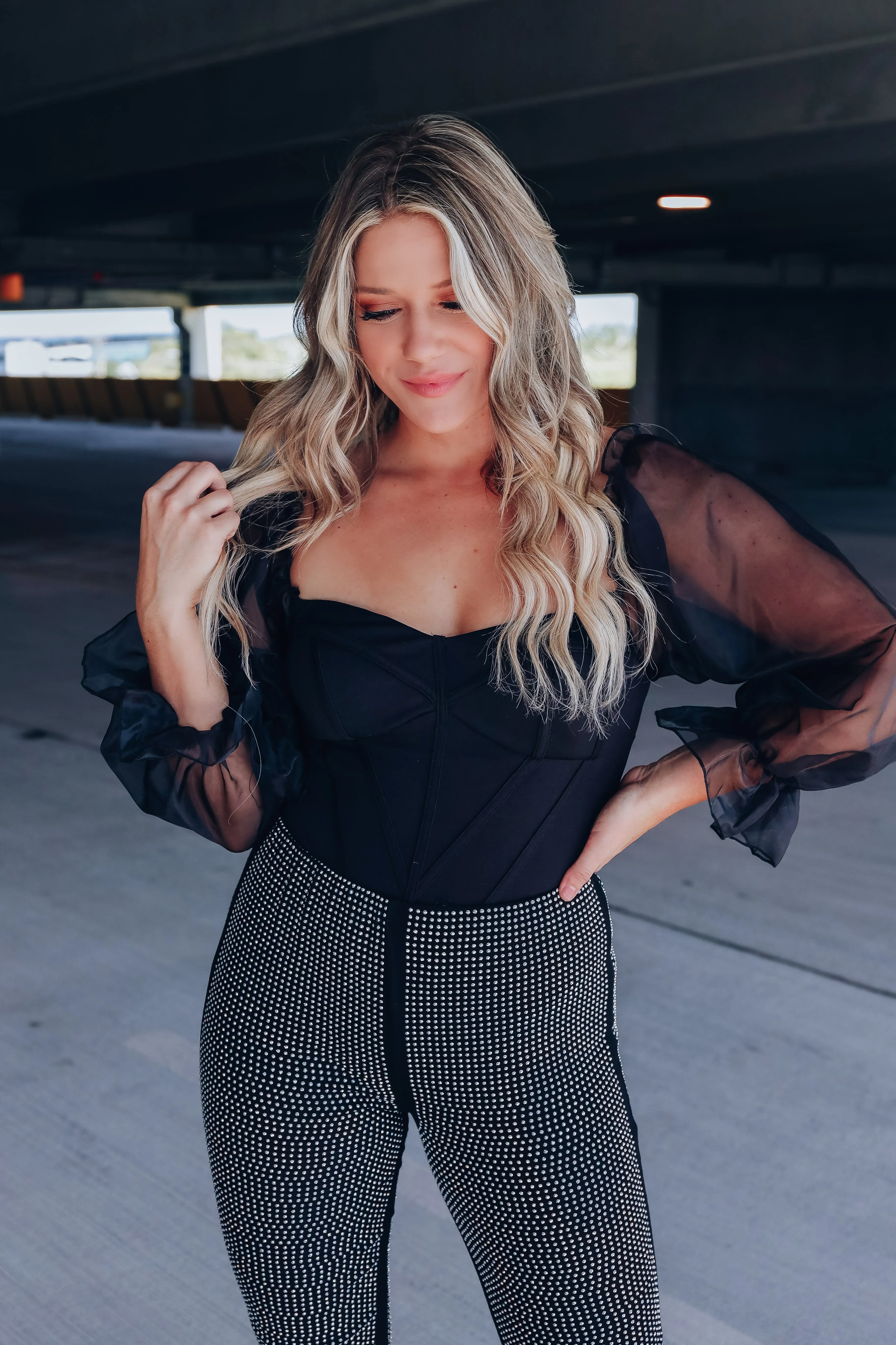 Flirtatious Puff Sleeve Corset Bodysuit - Black