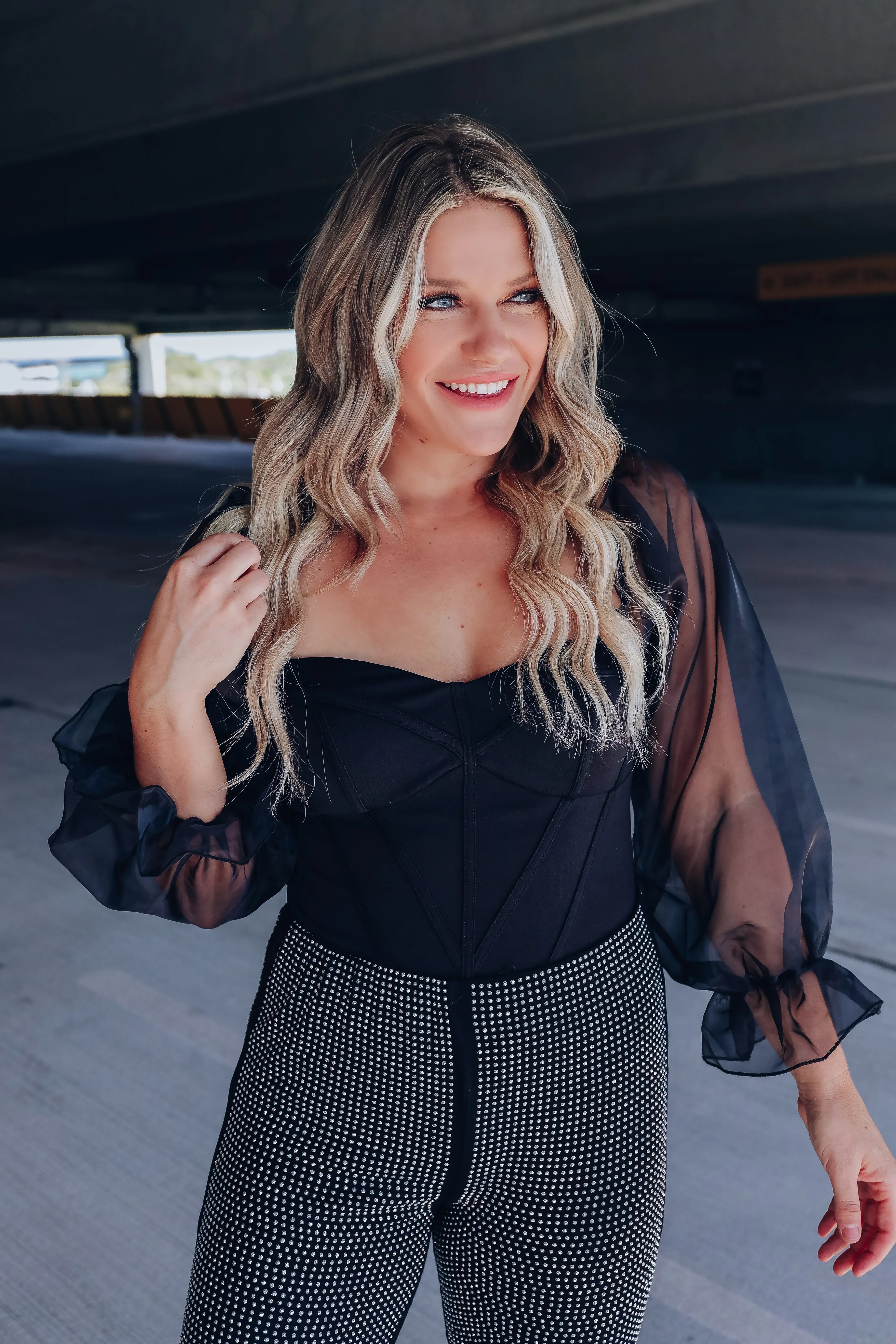 Flirtatious Puff Sleeve Corset Bodysuit - Black
