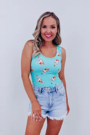 Floral Bull Skull Bodysuit - Turquoise