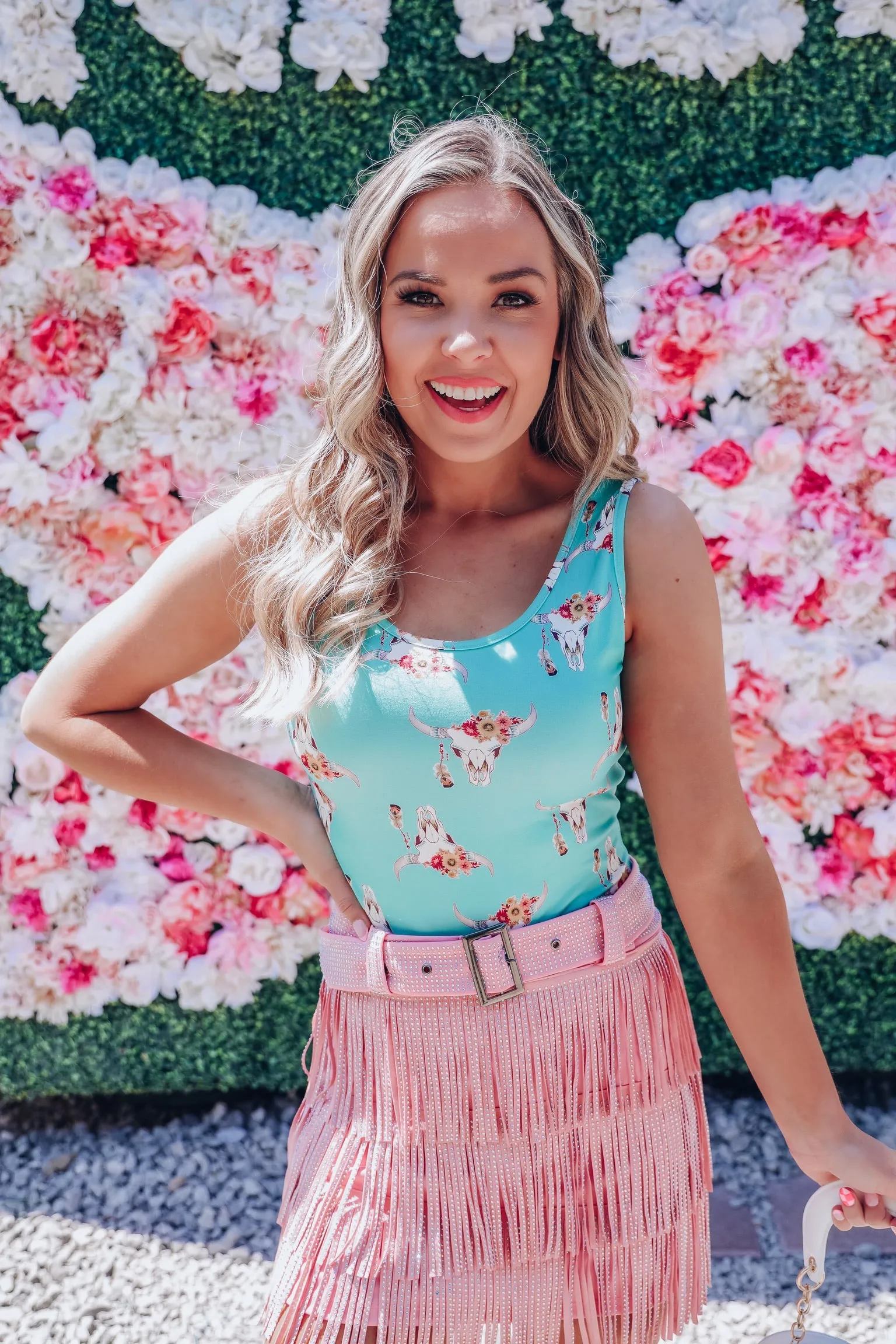Floral Bull Skull Bodysuit - Turquoise