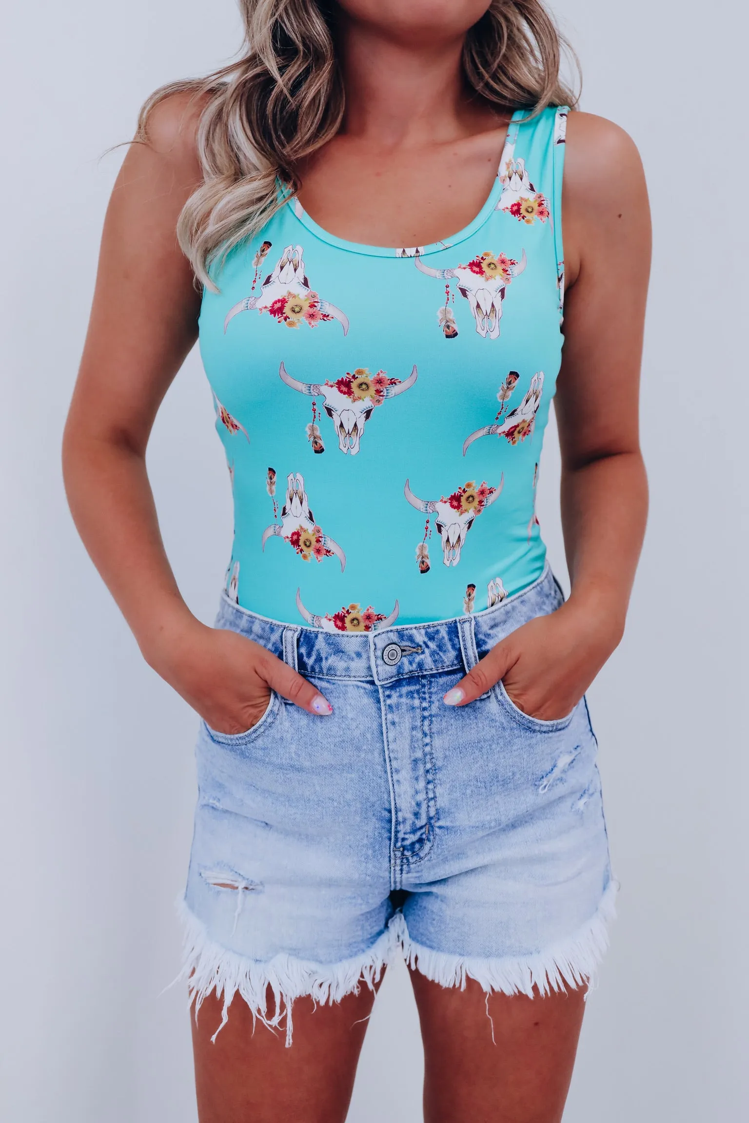 Floral Bull Skull Bodysuit - Turquoise