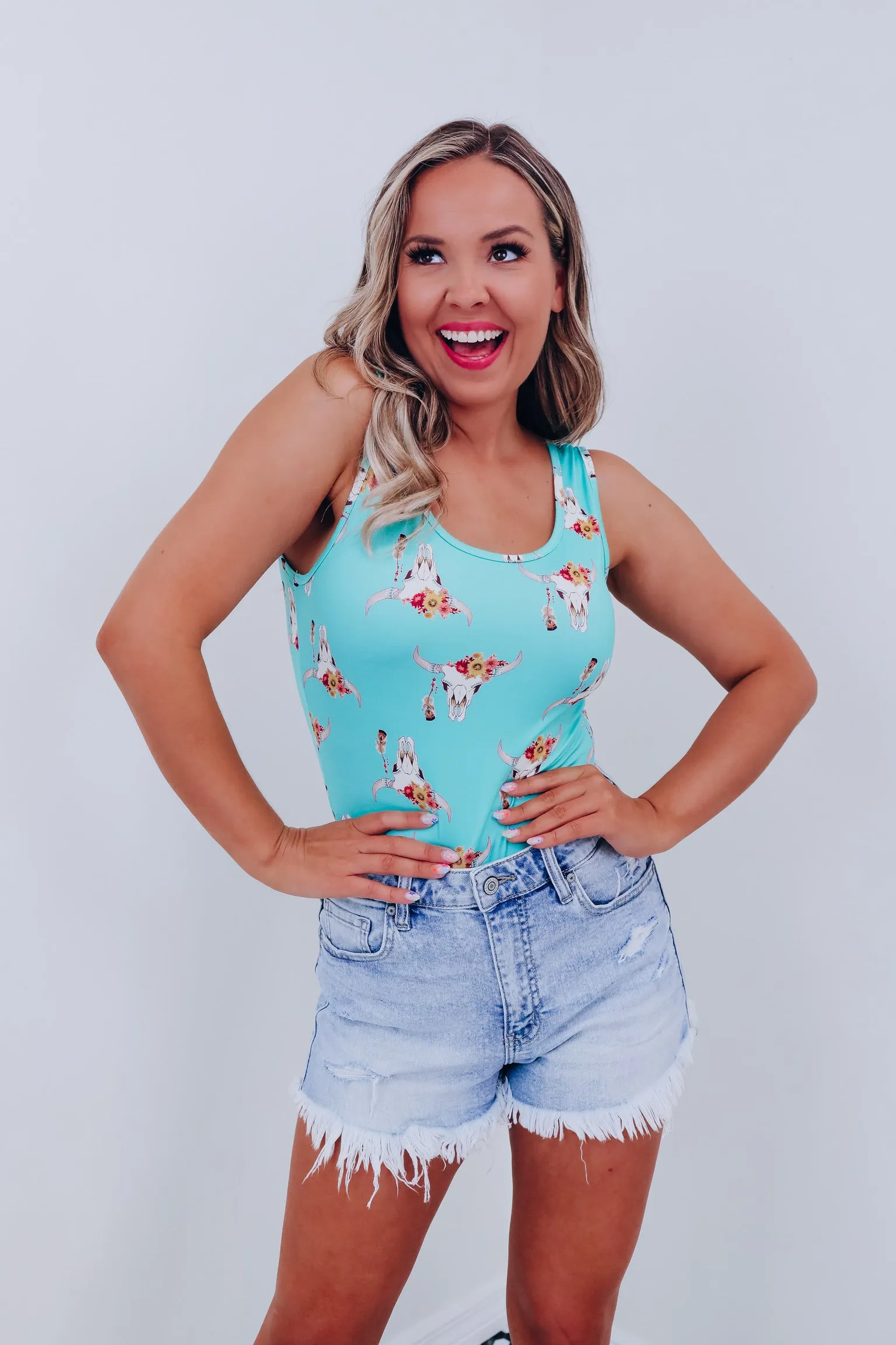 Floral Bull Skull Bodysuit - Turquoise